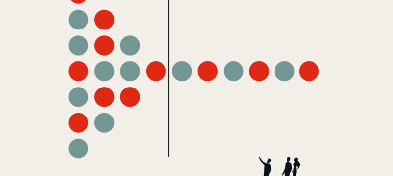 Vector concept of data analysis and product management showing silhouetted figures observing a pattern composed of coloured dots.