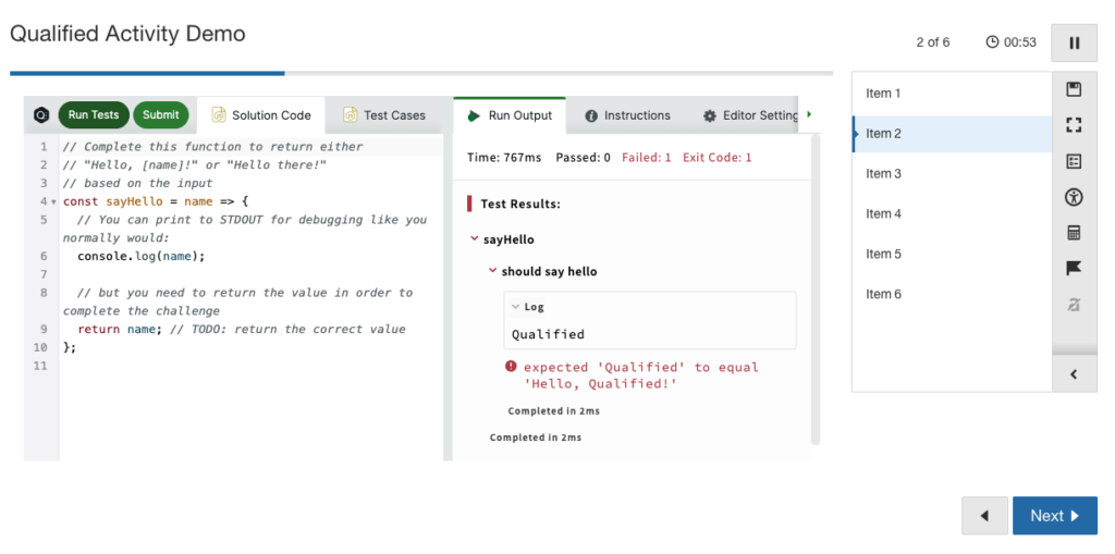 Screenshot of Qualified's code on Learnosity platform