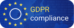 A blue background with yellow stars in a circle, representing the EU flag, and the words GDPR compliance in yellow and white. A faint map of Europe and binary code are in the background.