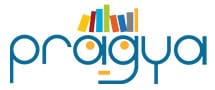 Logo of Pragya with stylised text; the letters a and g form a face, and colourful books are arranged above to resemble hair.