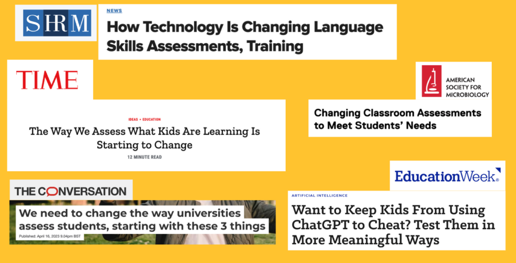 A collage of article headlines from major publications about assessment and why it need to change.