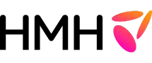 The black letters HMH are next to a stylised orange and pink wing-like shape, all on a light grey background.