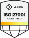 A-LIGN ISO 27001 Certified badge featuring a diamond-shaped logo at the top, the text ISO 27001 Certified in bold, and a globe design at the bottom.
